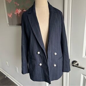 Leith Pinstripe Blazer w/ Pearl Buttons | Size XS | Navy Charcoal Structured Fit